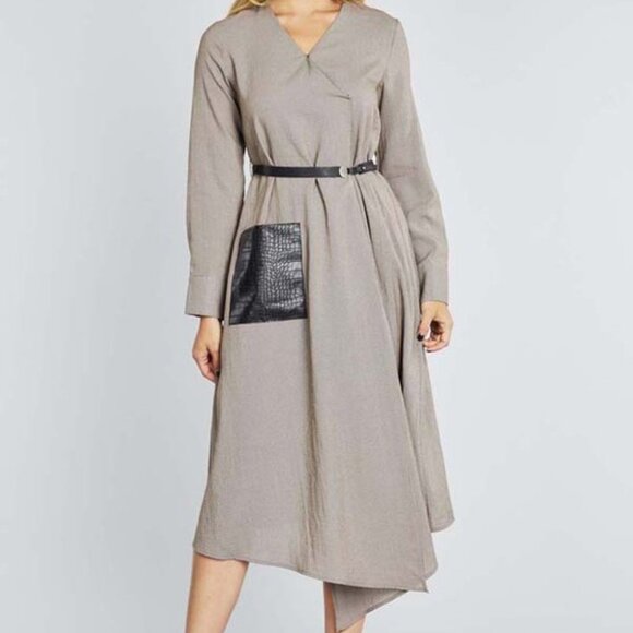Belted Midi Dress w/ Faux Leather Pocket and Belt | Long Sleeve - Picture 2 of 10